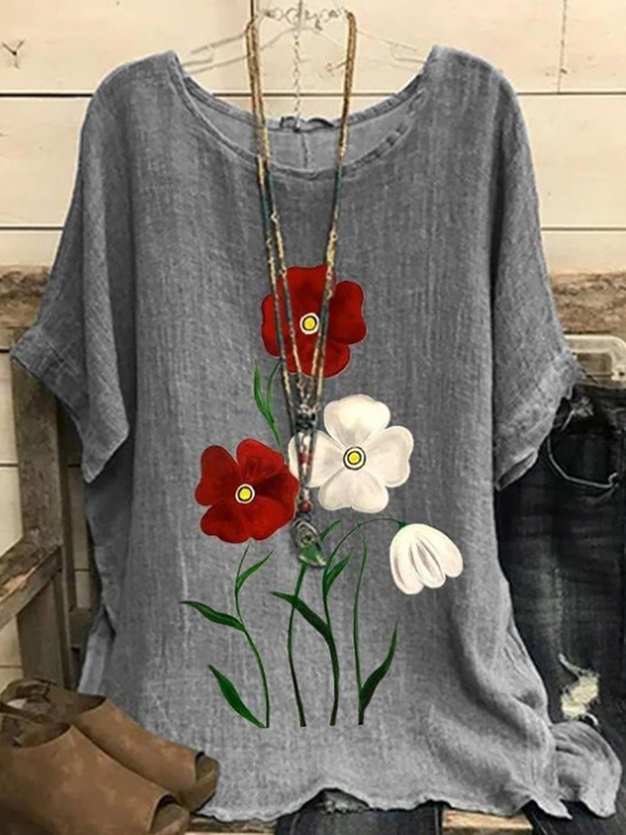 Casual Vintage Floral Print Crew Neck Short Sleeve Blouse