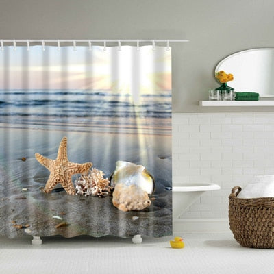 New Colorful Eco-friendly Beach Conch Starfish Shell Polyester  High Quality Washable Bath Decor Shower Curtains