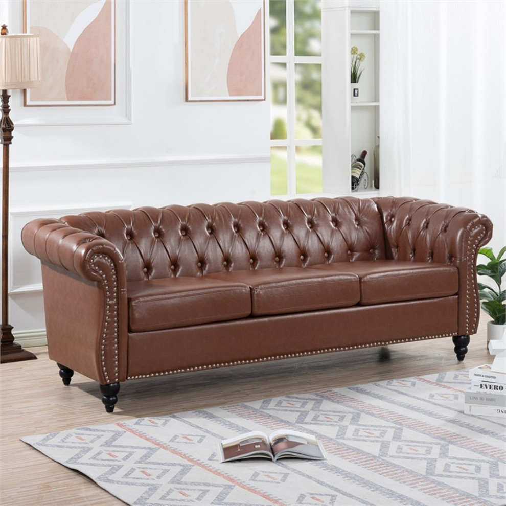 CRO Decor 84  x27BROWN PU Rolled Arm Chesterfield Three Seater Sofa Brown   Traditional   Sofas   by Homesquare  Houzz