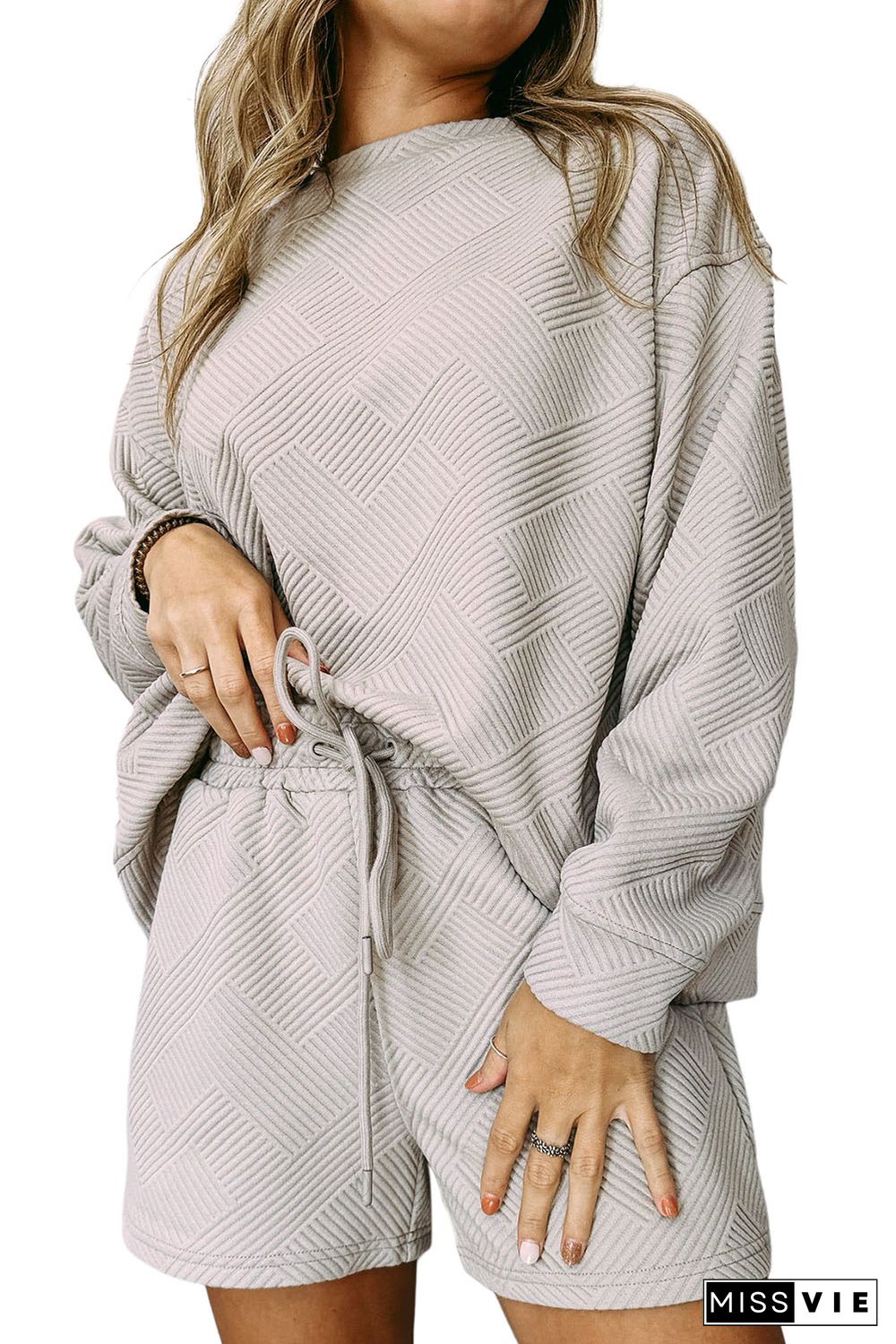 Gray Textured Long Sleeve Top and Drawstring Shorts Set