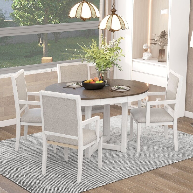 5 Piece Elegant Dining Table Set  Extendable Butterfly Leaf Wood Dining Table and 4 Upholstered Dining Chairs with Armrests