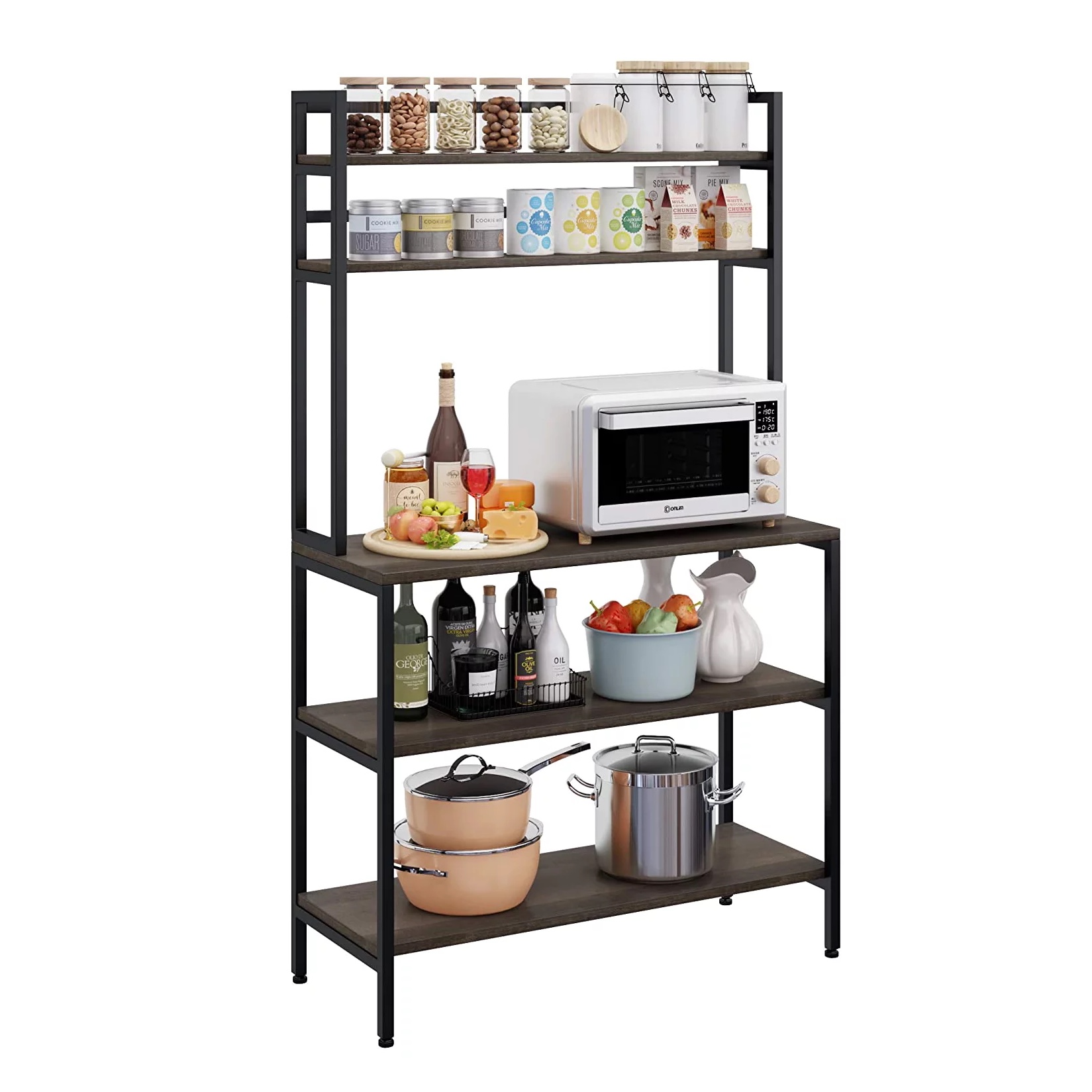 Homfa Bakers Rack， 5-Tier Kitchen Microwave Oven Stand with Hutch， Wood Storage Shelf， Dark Brown