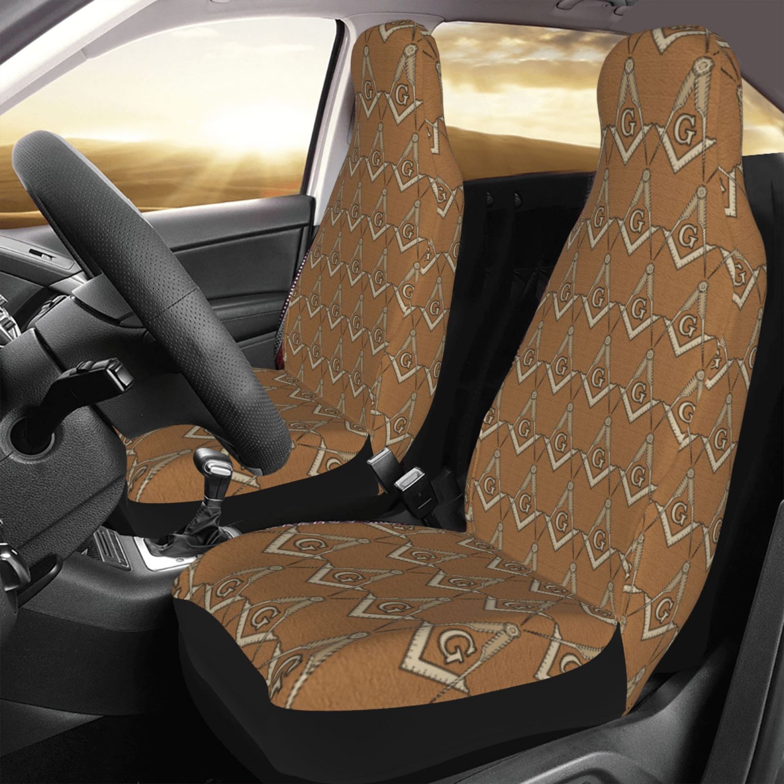 TEQUAN Front Seat Covers， Brown Mason Masonic Symbol Pattern 2 Piece Car Seat Cover Fit Most Car SUV Truck Van