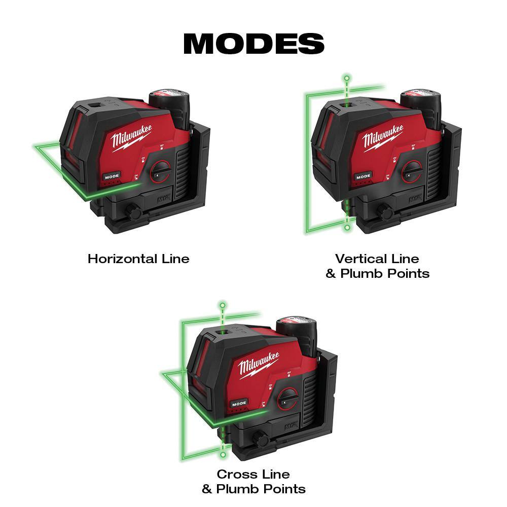 MW M12 12-Volt Lithium-Ion Cordless Green 125 ft. Cross Line and Plumb Points Laser Level Kit with Laser Detector 3622-21-48-35-1211