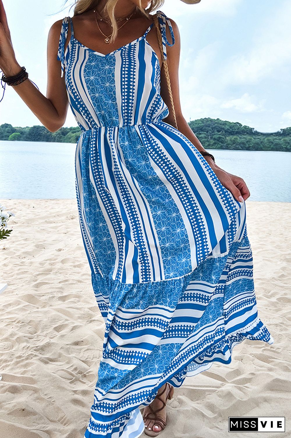 Blue Striped Sling Long Dress Wholesale