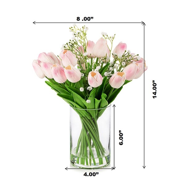 Enova Home 18 Mixed Artificial Real Touch Tulip Flower Arrangement in Clear Glass Vase with Faux Water for Home Decoration