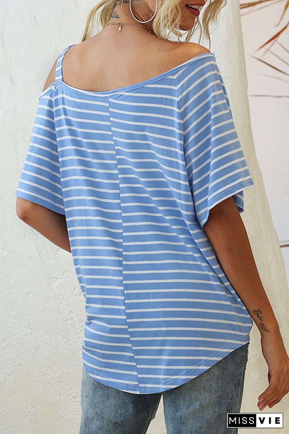 Fashion Street Striped Oblique Collar T-Shirts