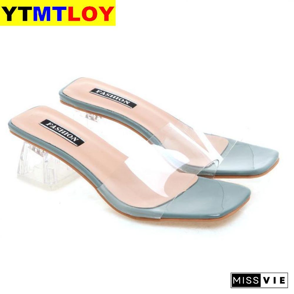 Clear Summer Sandals Women Shoes Women Mules Slides Peep Toe Transparent Square High Heels Female Shoe Casual Square Heel