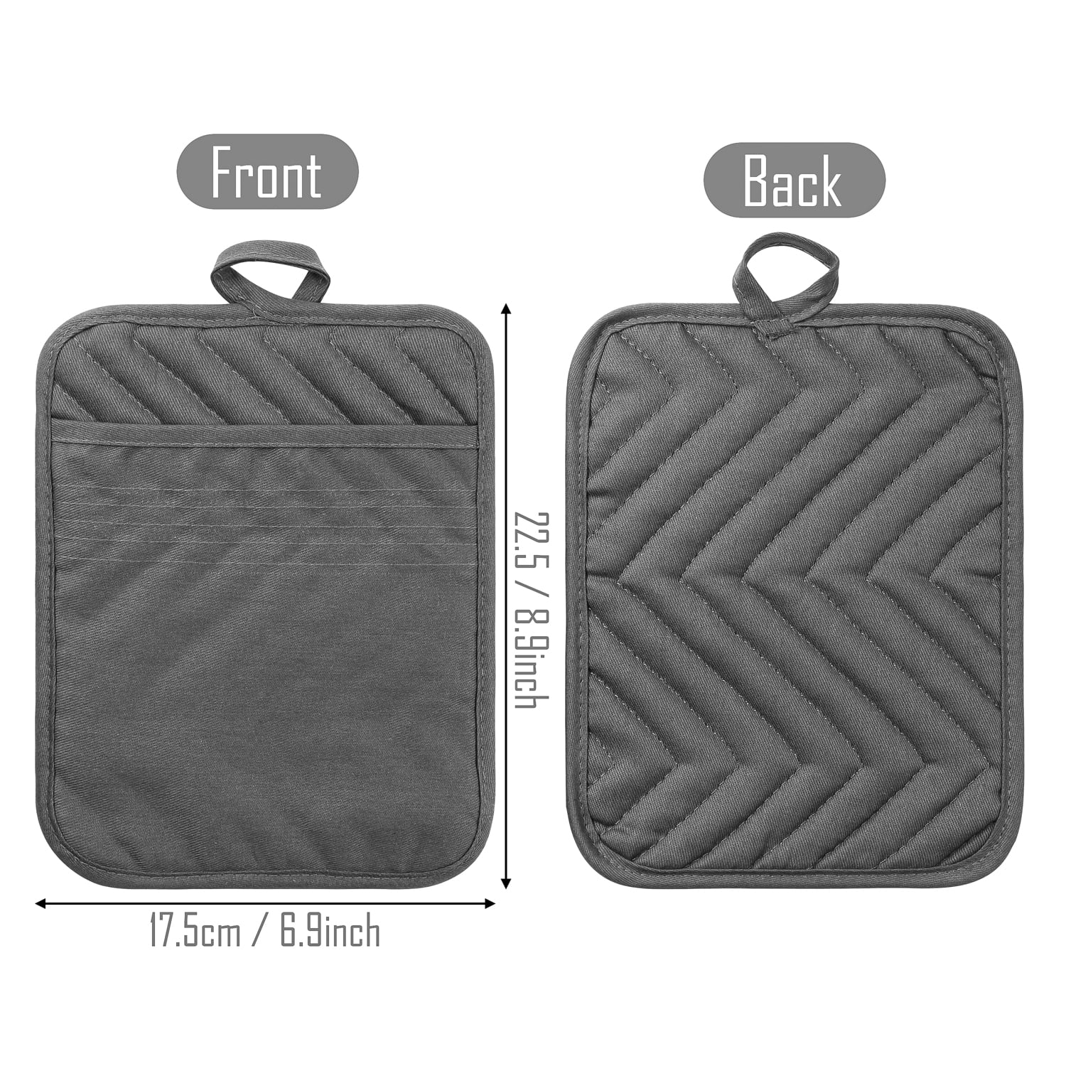 GROBRO7 5Pack Pocket Pot Holders Cotton Heat Resistant Potholder Multipurpose Hot Pads Machine Washable Oven Mitts Terry Cloth Potholders Bulk for Daily Kitchen Baking and Cooking 8.9 x 6.9 Inch Grey