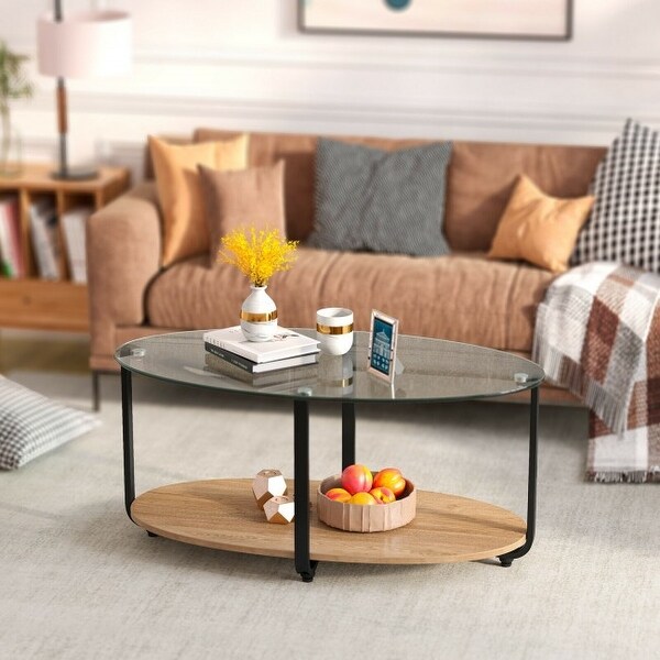 2-Tier Glass-Top Modern Coffee Table with Storage Shelf - 37