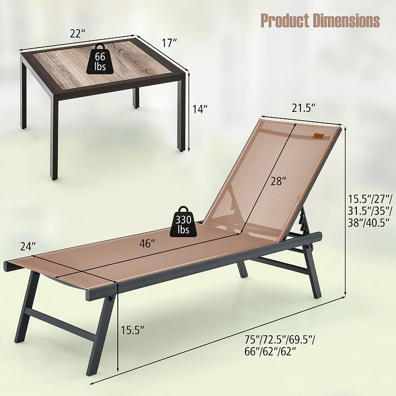 3 Pieces Patio Chaise Lounge Chair and Table Set for Poolside Yard