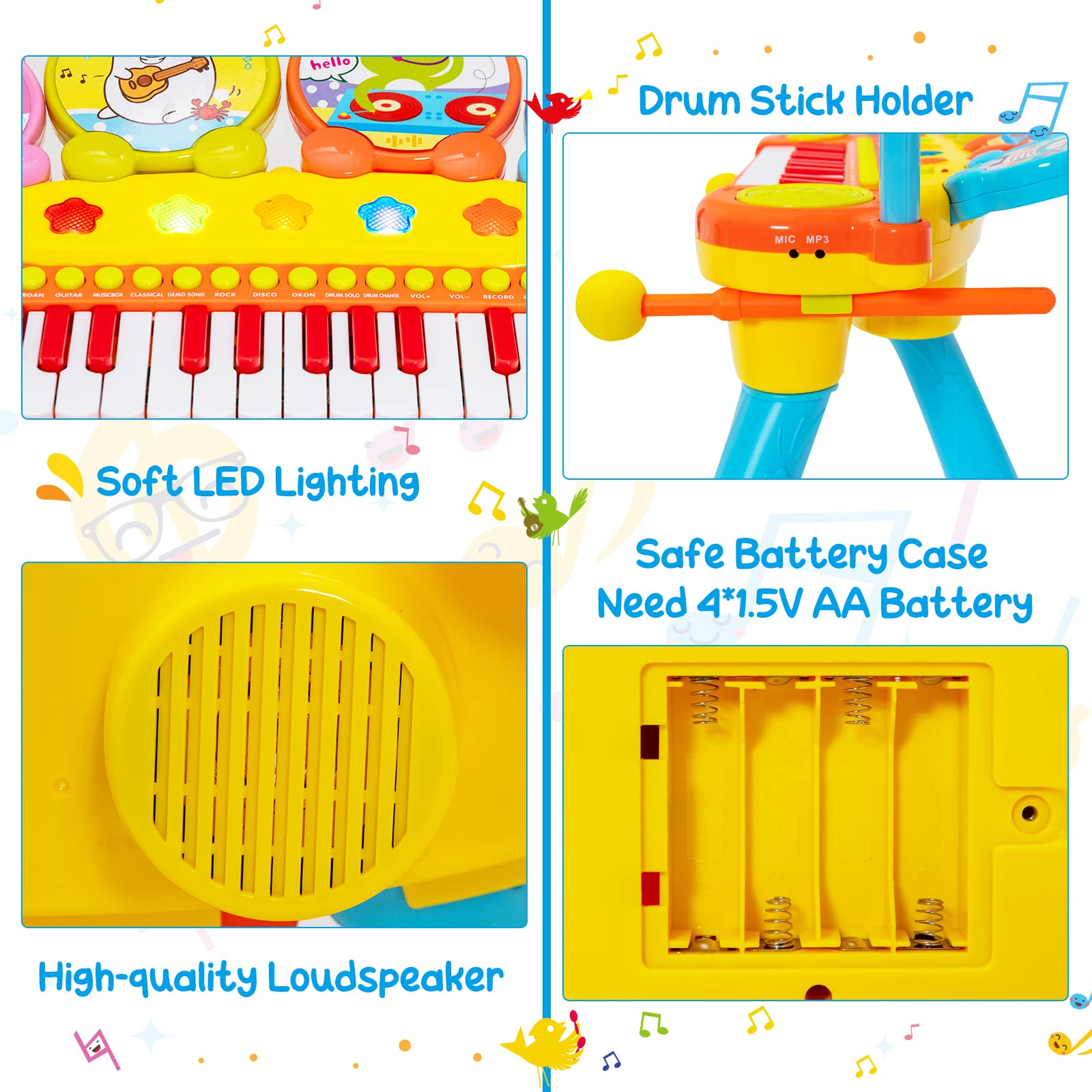 Costzon 24-Key Piano Keyboard DJ Drum Combination, Kids Drum & Electric Keyboard Set with Stool, Microphone