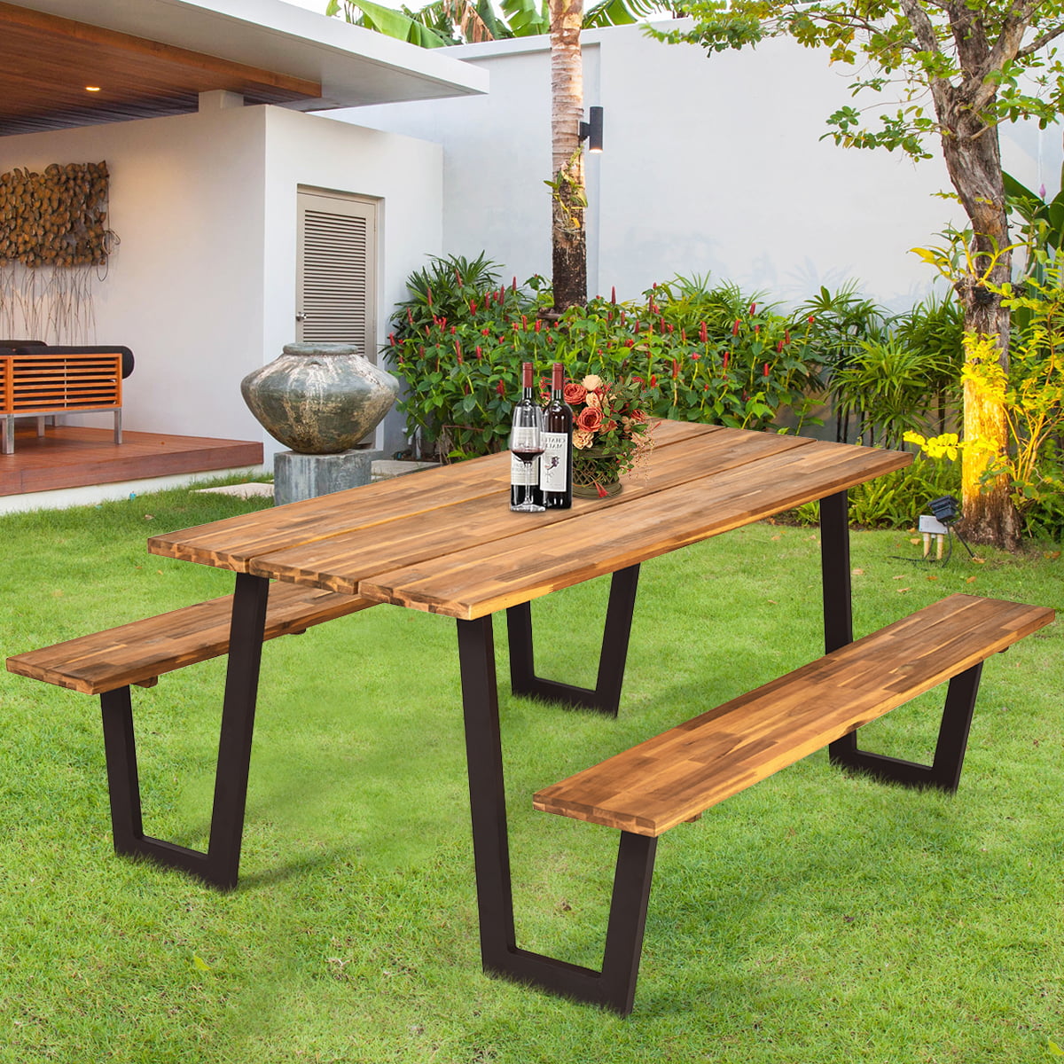 Costway Picnic Table with 2 Benches 70'' Dining Table Set with Seats and Umbrella Hole