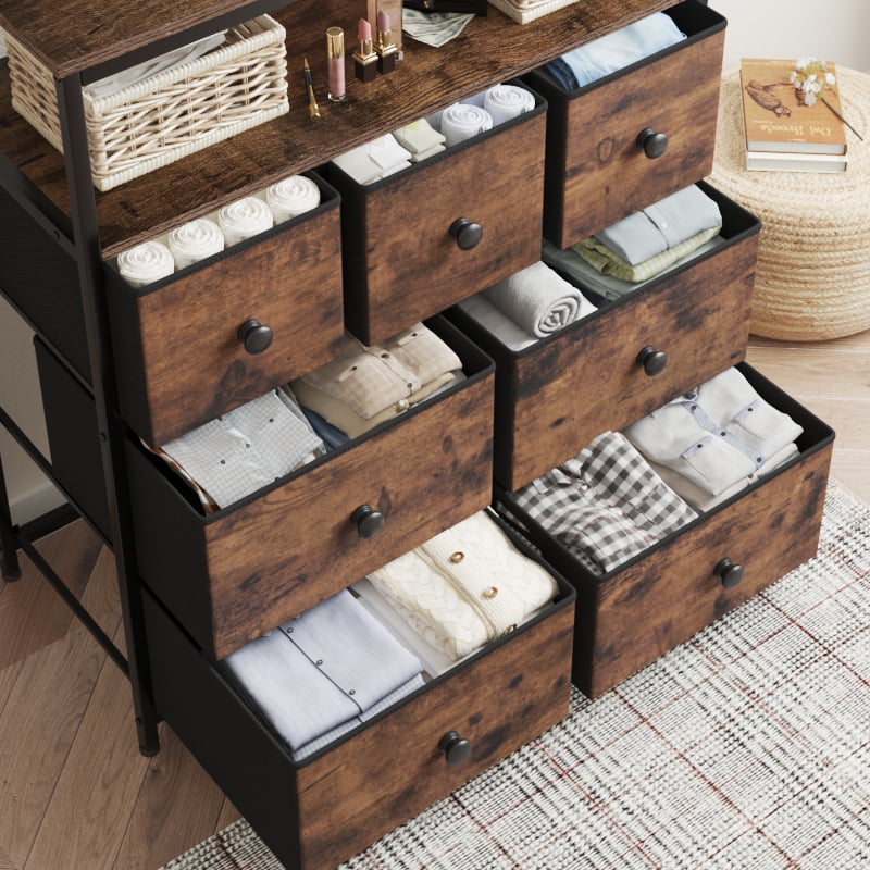 EnHomee Fabric Dresser for Bedroom 7 Drawer Dresser Chest of Drawers Storage Tower with Fabric Bins & Open Shelves Modern Dresser for Closet Bedroom Living Room Corridor Rustic Brown