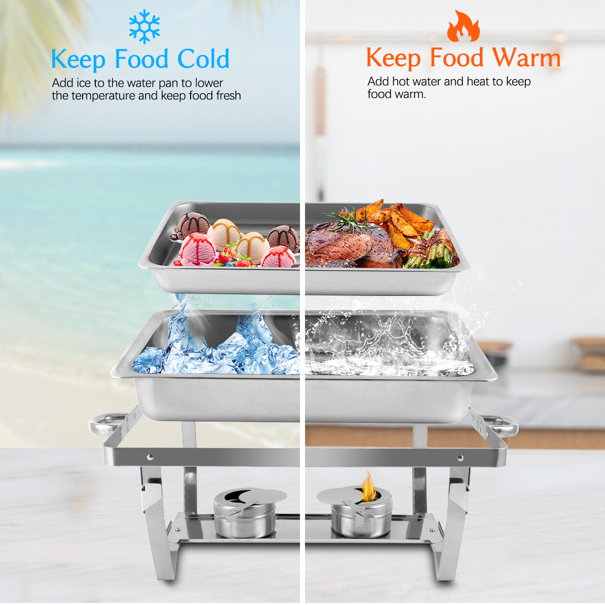 BreeRainz 4 Pack 8QT Chafing Dish Buffet Set， Stainless Steel Food Warmer Set， Rectangular Buffet Server with Tongs and Spoons for Parties， Catering， Banquets， Events (Full Size)