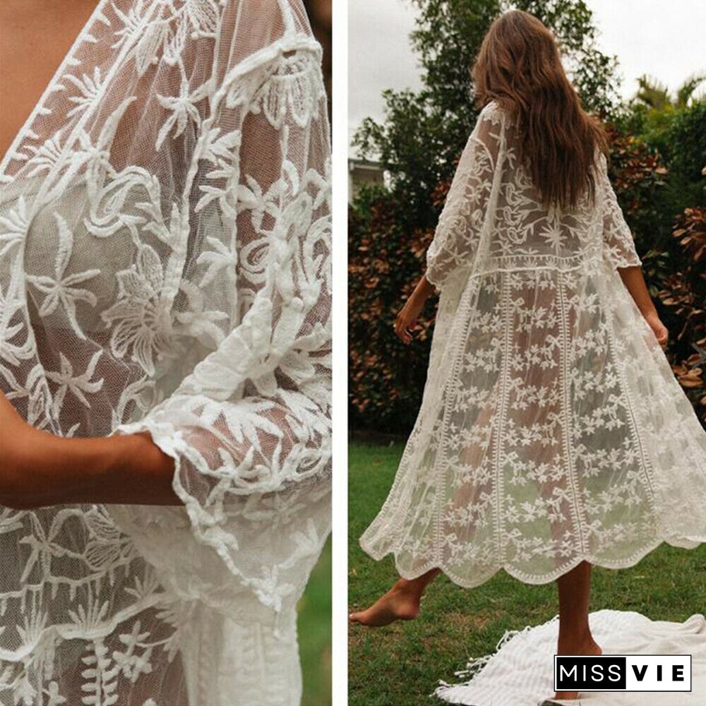 Fashion Embroidery Dress Summer Women Lace Long Maxi Dress Beach Ladies Dresses White Floral Lace Evening Party Dresses Sundress