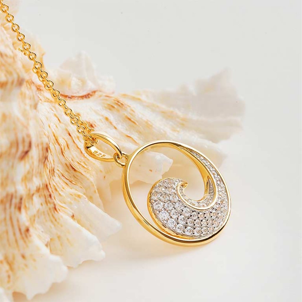 Ocean  14K Gold Vermeil Ocean Wave Necklace with Cubic Zirconias