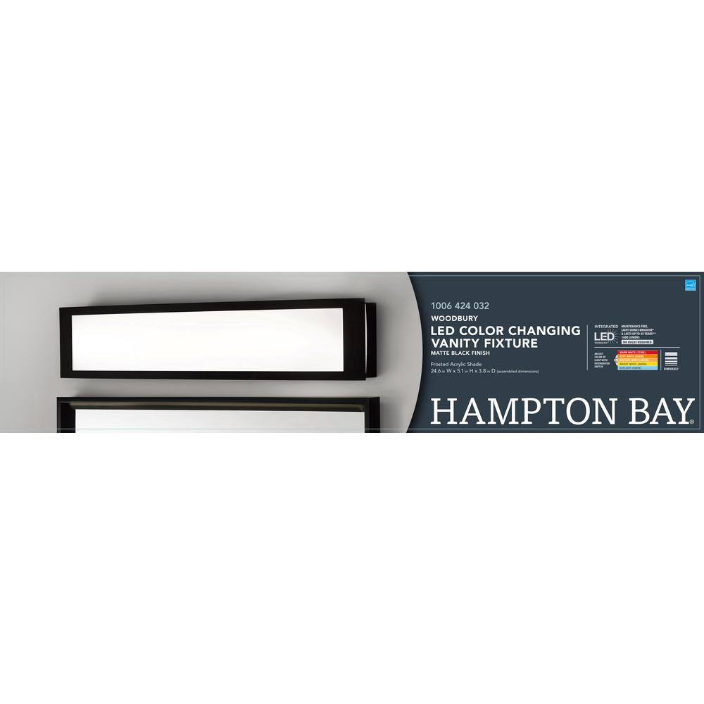 Hampton Bay Woodbury 24.6 in. 1-Light Matte Black Integrated LED Bathroom Vanity Light Bar with Frosted Acrylic Shade IQP1301LX-07BK