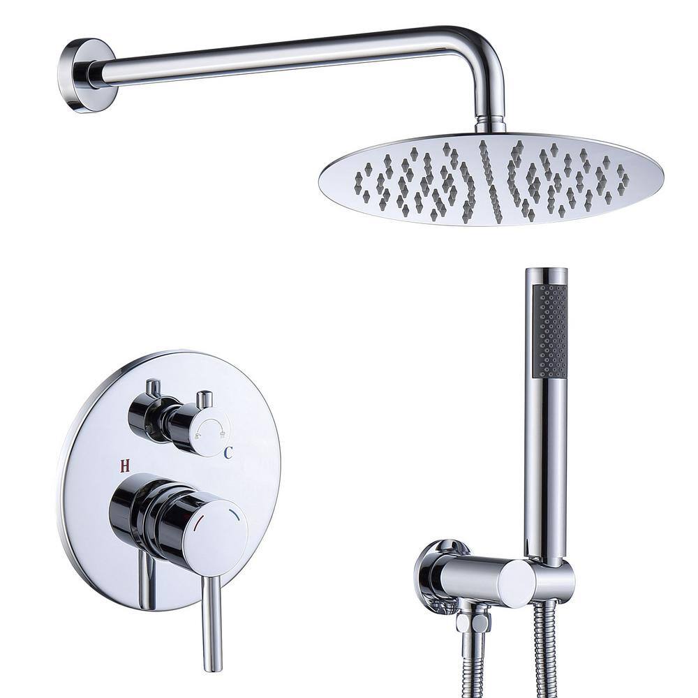 WELLFOR 2-Spray Patterns 1.8 GPM 10 in. Wall Mount Dual Shower Heads Round Shower Head with Hand Shower in Polished Chrome ZQ8001S