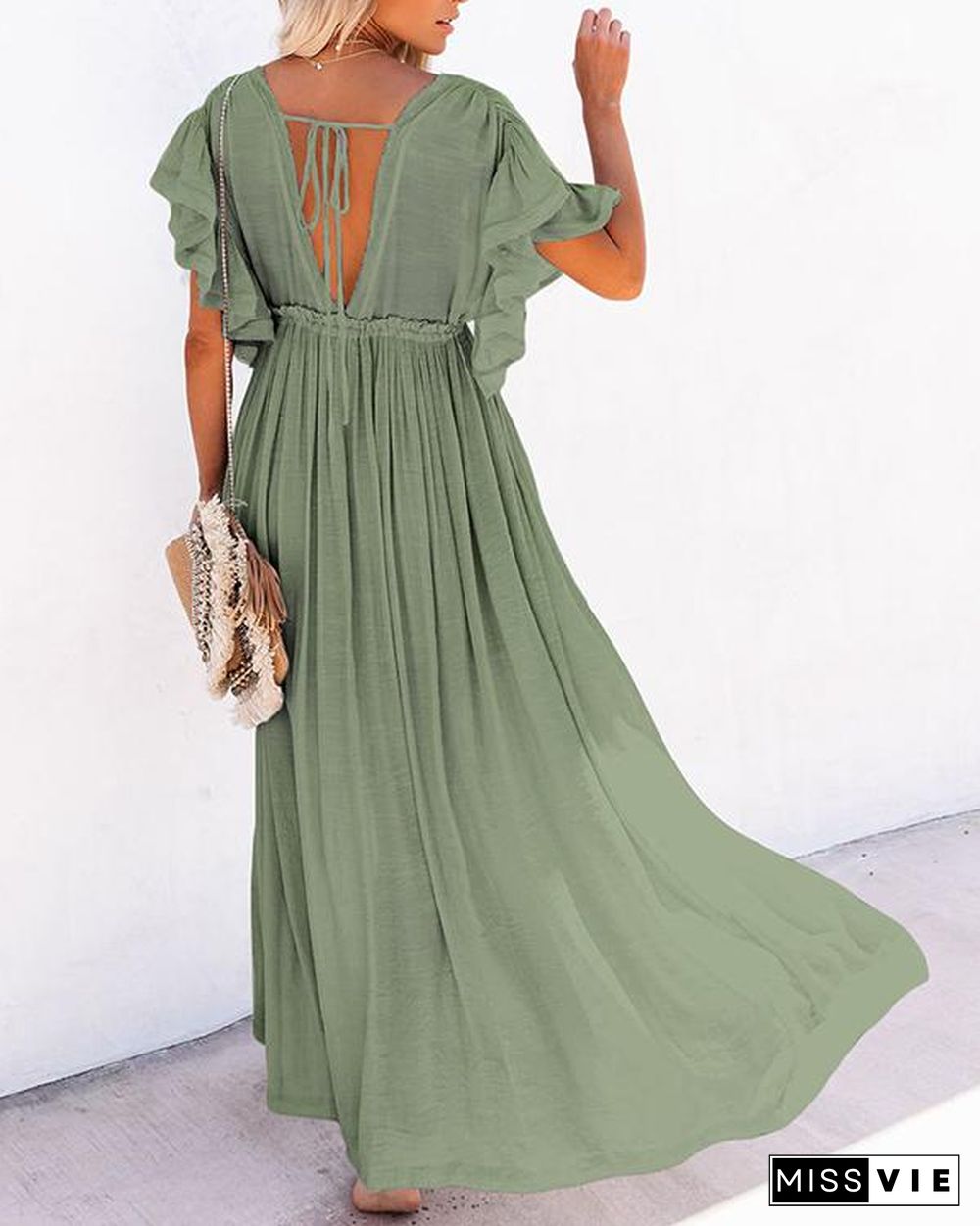 Women Long Maxi Dress Solid V neck Ladies Holiday Dress