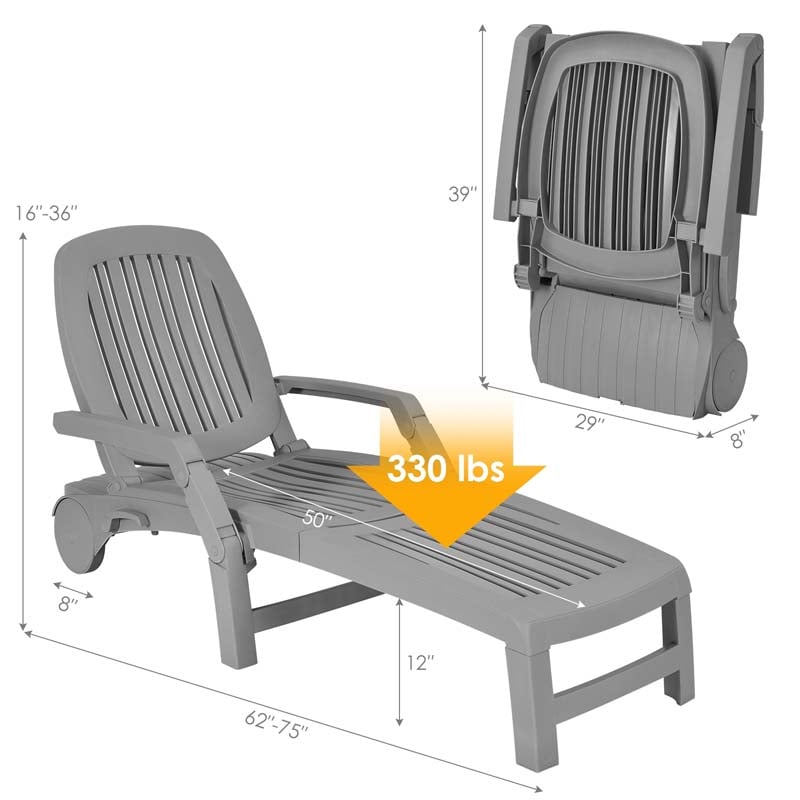 Weatherproof Folding Sun Lounger with Wheels, 6-Position Plastic Outdoor Chaise Lounge Chair for Pool Beach Lawn