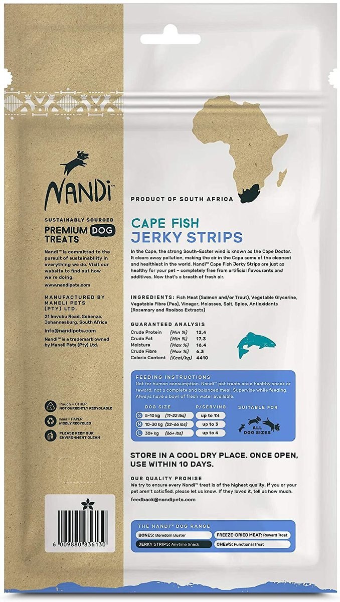 Nandi Cape Fish Jerky Strips Salmon and Trout Dog Treats， 5.3-oz bag