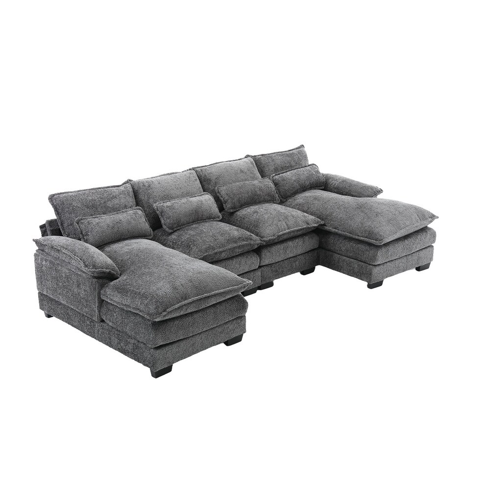 Chenille Fabric Sofa Large Reversible Chaise for Livingroom Thick Cushion Settee w/ Symmetrical Recliner Ottomans  Pillows  Gray