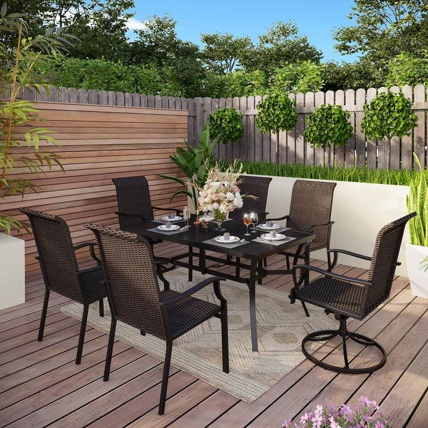 MAISON ARTS Outdoor Patio 7Piece Dining Set，1 Metal Table with an Umbrella Hole and 6 PE Rattan Chairs