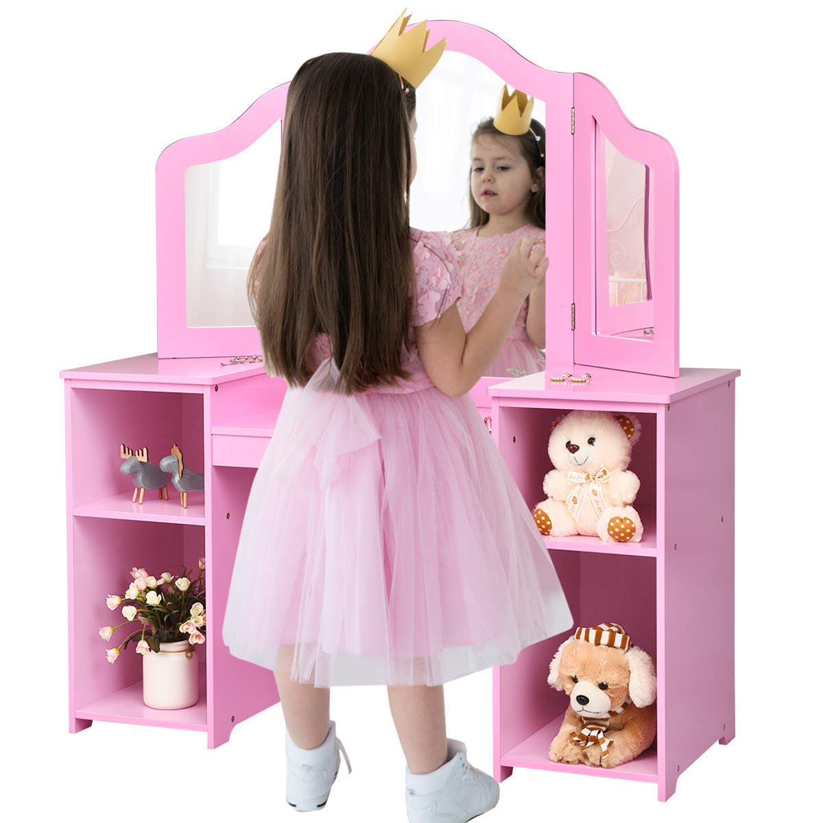 Costzon Kids Vanity, Princess Makeup Dressing Table with Tri-Folding Mirror & Storage Shelves, Pink