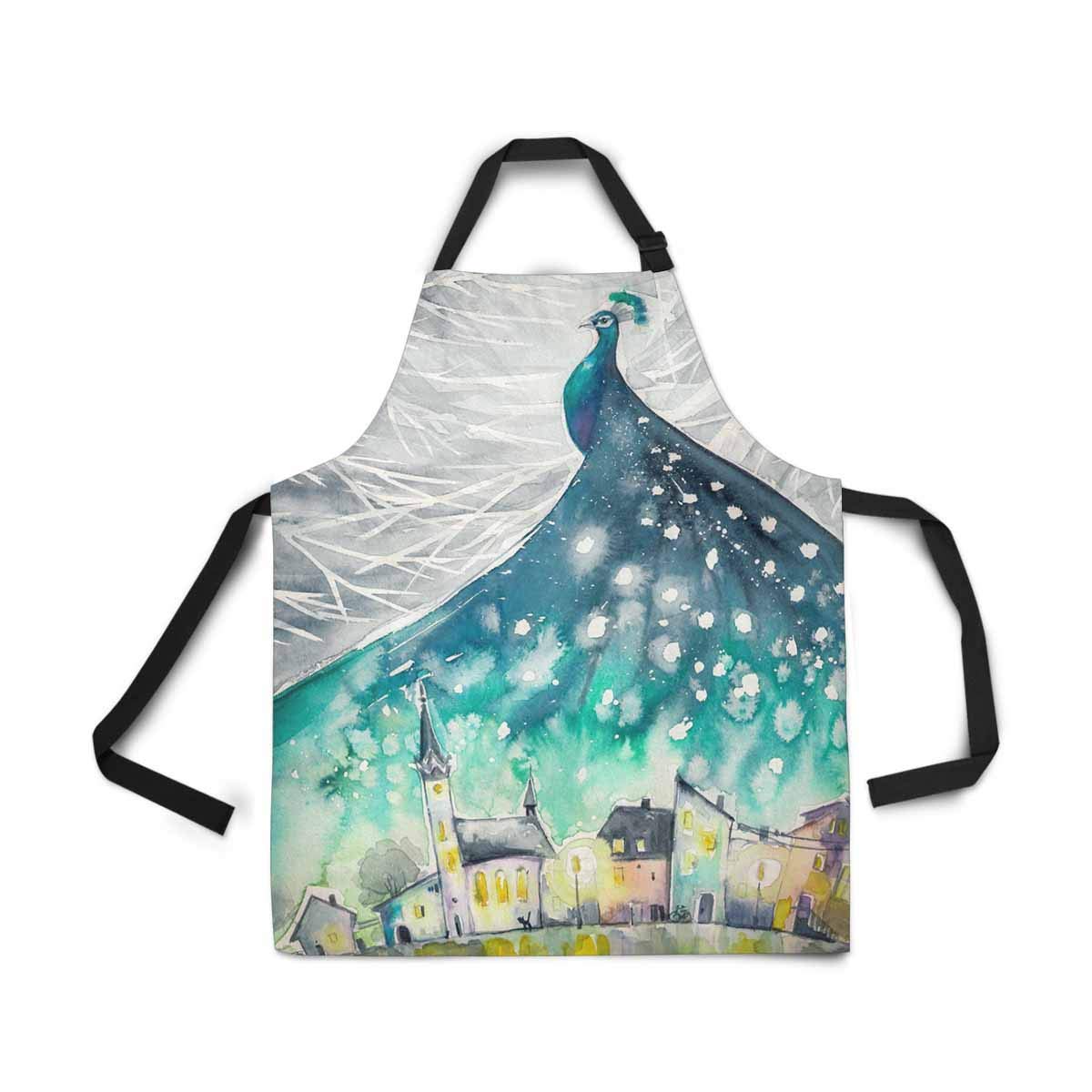 ASHLEIGH Watercolors Abstract Peacock in Night Sky Over City Home Kitchen Apron Women Men Pockets， Unisex Adjustable Bib Apron Cooking Baking Gardening