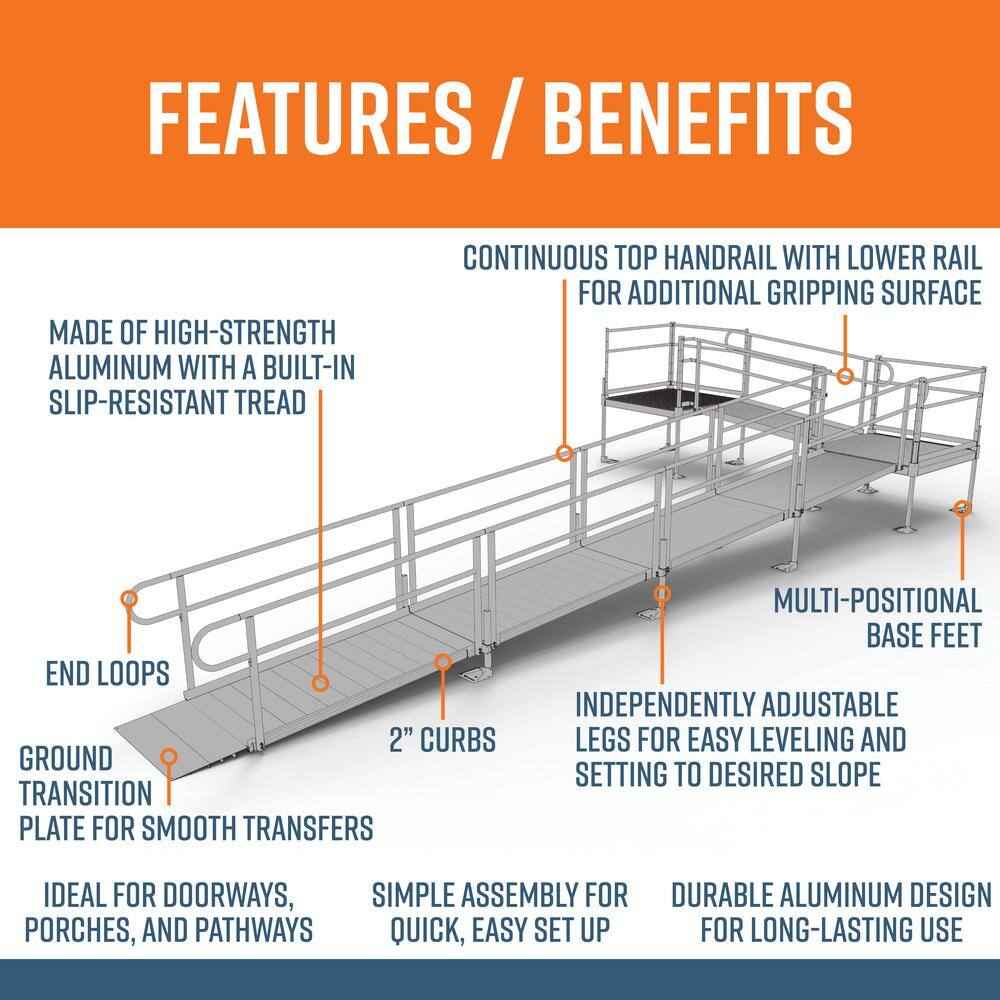 EZ-ACCESS PATHWAY 30 ft. L-Shaped Aluminum Wheelchair Ramp Kit with Solid Surface Tread 2-Line Handrails and (2) 4 ft. Platforms PS30L44TT