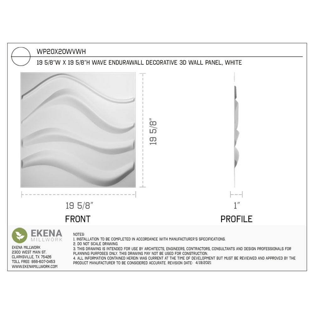 Ekena Millwork 19 58W x 19 58H Wave EnduraWall Decorative 3D Wall Panel Covers 53.49 Sq. Ft. (20-Pack for 53.49 Sq. Ft.) WP20X20WVWH-CASE-20