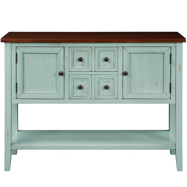 Wooden Console Table with 4 Storage Drawers and 2 Cabinets， Sofa Table with Bottom Shelf and Solid Wood Legs， Retro Blue