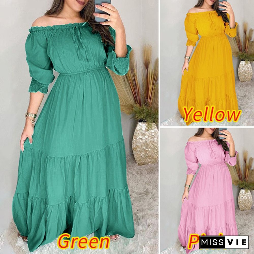 Women Solid Color Half Sleeve Sexy Off Shoulder Maxi Dress Plus Size Holiday Party Dress High Waist Pleated Long Dress Vestidos