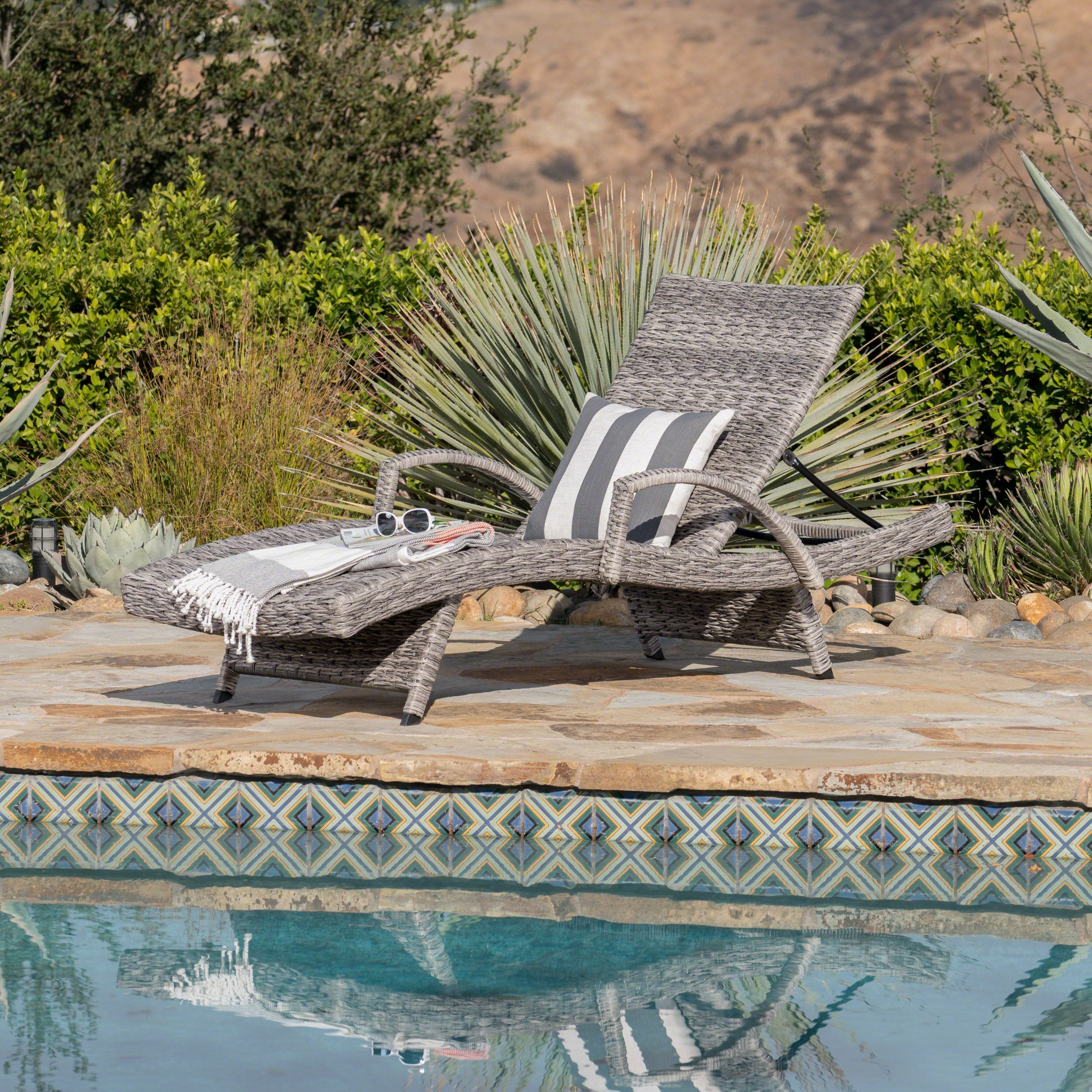 Keira Outdoor Armed Aluminum Framed Grey Wicker Chaise Lounge