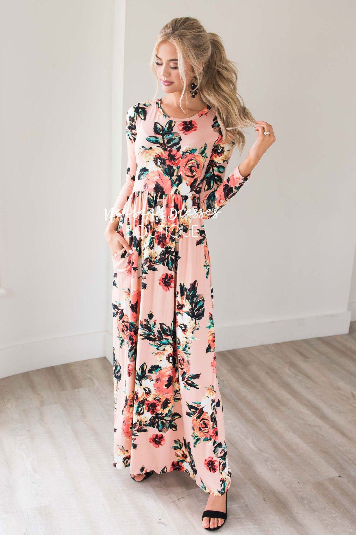 Peach Watercolor Long Sleeve Maxi Dress