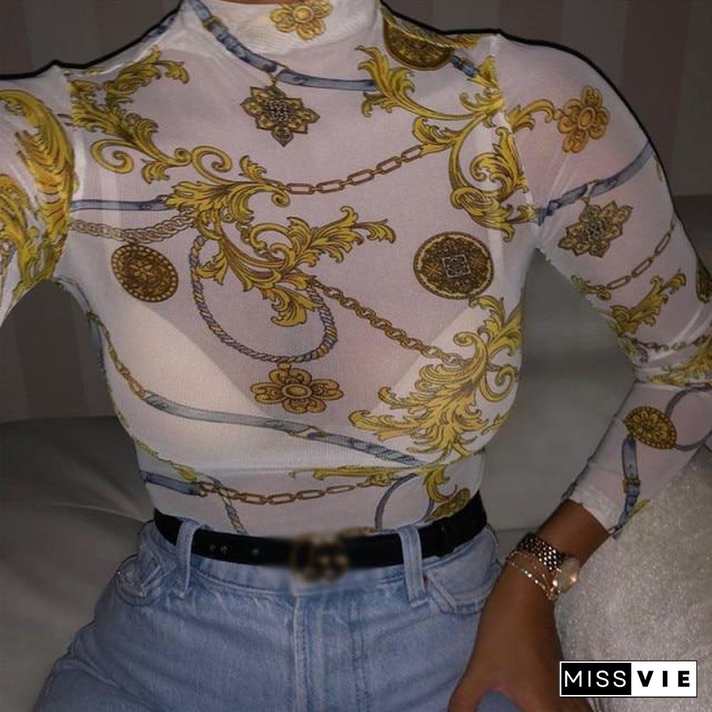 Women Mesh Sheer See Through Print Shirt Blouses Outwear Turtleneck Long Sleeve Tops Transparent Slim Shirt Bodycon Club Blouse P16403