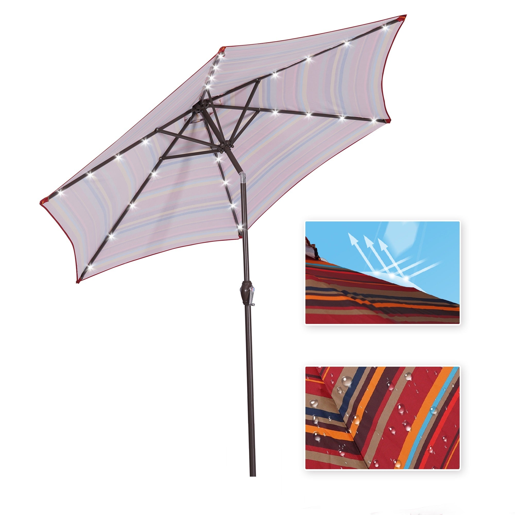 Outdoor Patio 8.7-Feet Market Table Umbrella With Push Button Tilt And Crank, Red Stripes With 24 Led Lights (Umbrella Base Is Not Included)