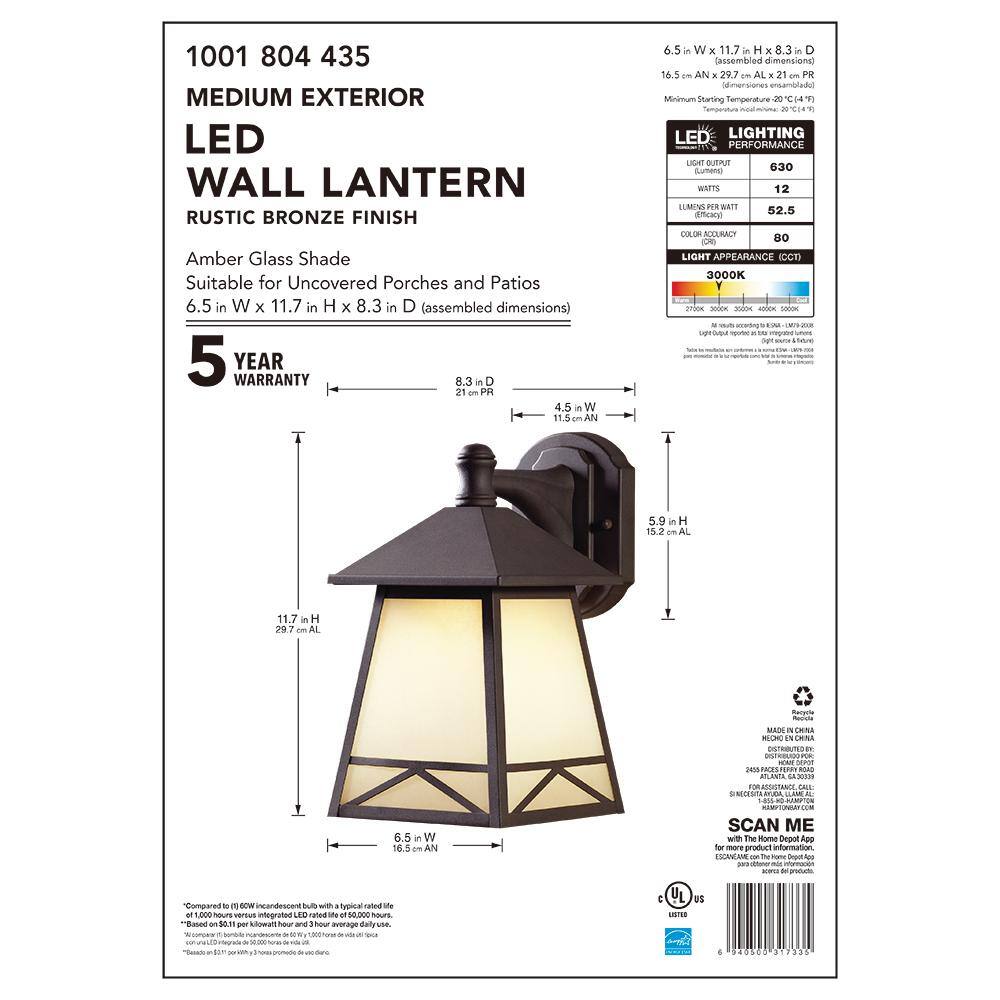 Hampton Bay Bronze Outdoor LED Wall Lantern Sconce with Frosted Tea Stain Glass GKC1691L