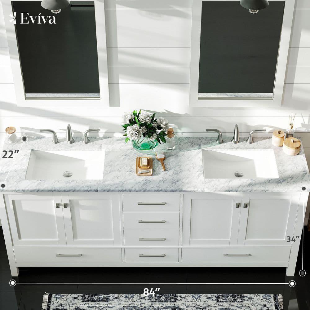 Eviva Aberdeen 84 in W x 22 in D x 34 in H Double Bath Vanity in White with White Carrara Marble Top with White Sink