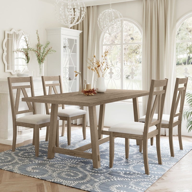 5 piece kitchen table set， 70 inch table and 4 upholstered dining chairs in brown + beige