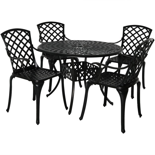 Sunnydaze Outdoor Crossweave Design Black Cast Aluminum Round Patio Dining Furniture Set With Table And Chairs 5pc