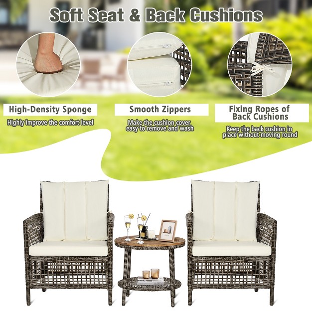 Costway Patiojoy 3pcs Patio Rattan Furniture Set Cushioned Sofas Wood Table Top W shelf