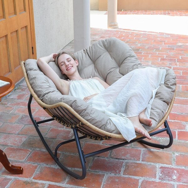 Outdoor Rocking Chair，Patio Egg Rocking Chair，Indoor Papasan Chair，Rattan Wicker Lounge Chair，Comfy Modern Royal Chair