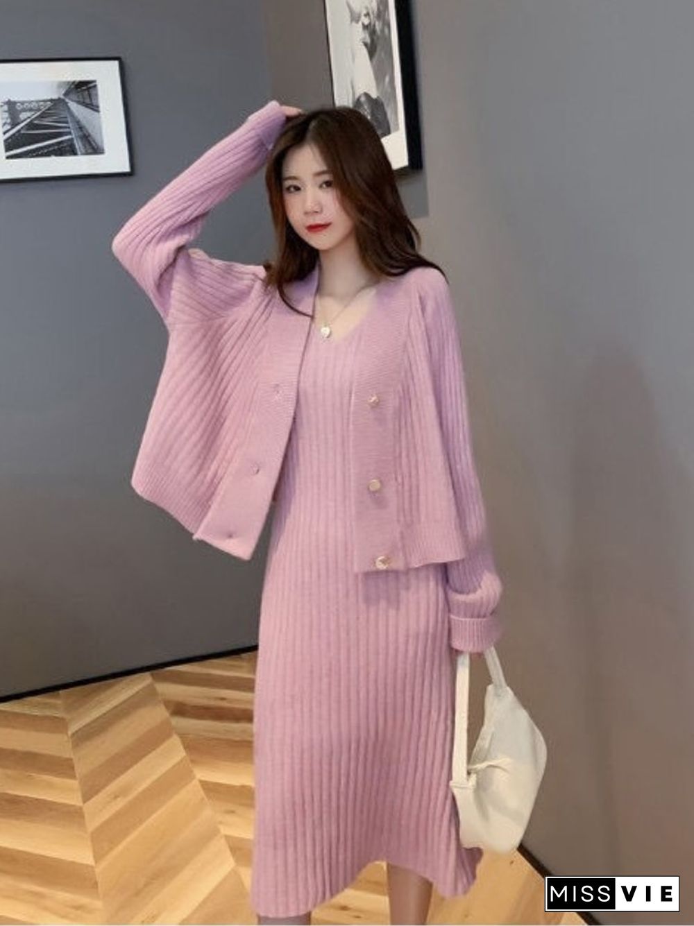 Womans Clothes For Autumn Winter Loose Solid Knitwear Women's Two Piece V-Neck Casual Dress Set Long Sleeve Sweater Skirt