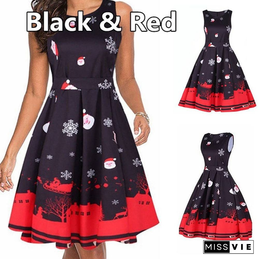 Christmas Dresses for Women Sleeveless Cocktail A-Line Xmas Santa Claus Snowflake Christmas Party Dress Retro Vintage Style Cocktail Party Swing Dresses