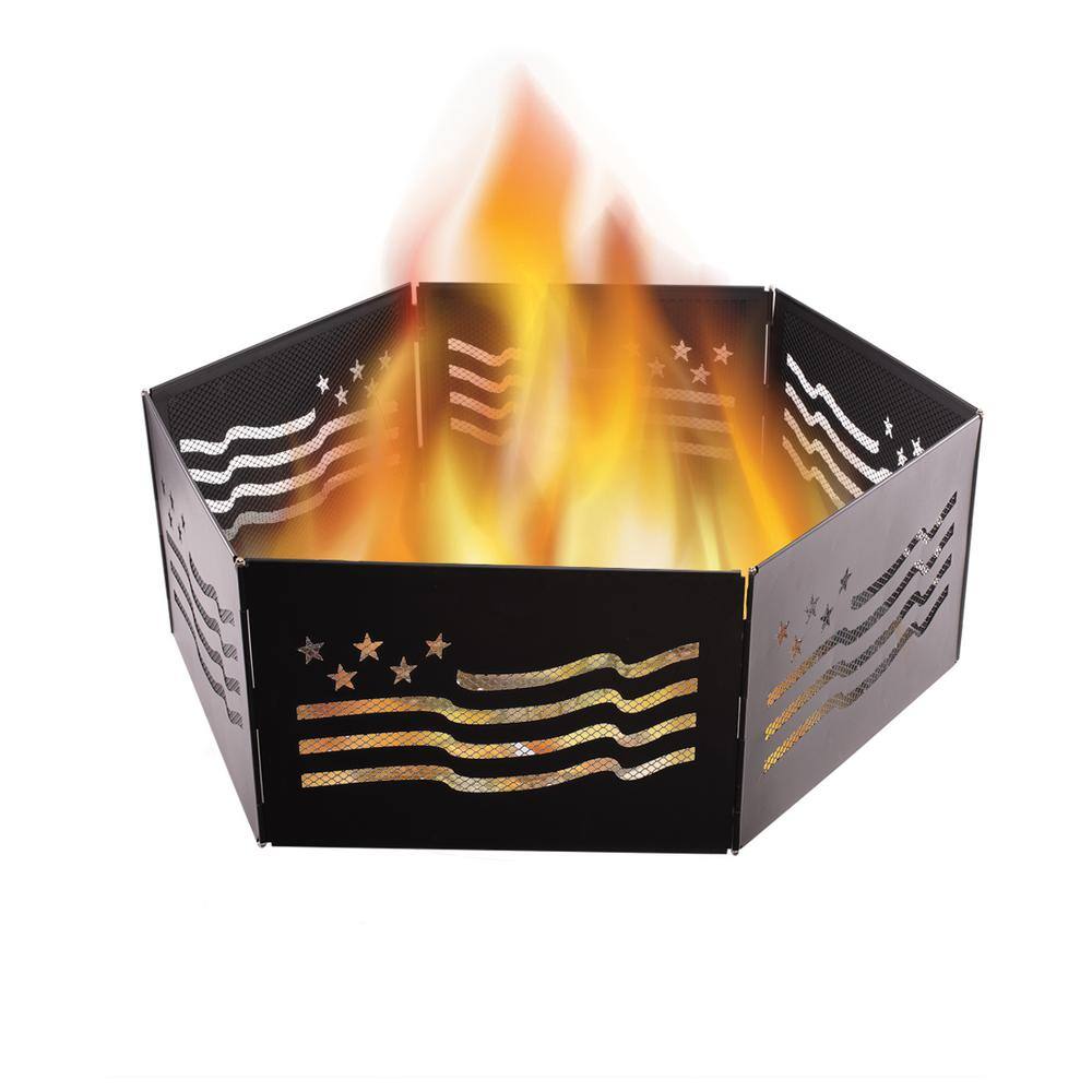 BLUE SKY OUTDOOR LIVING The Zion 36 in. x 12 in. Hexagon Steel Portable Folding Wood Fire Pit Ring with Carrying Bag - Stars and Stripes FFR3612SB