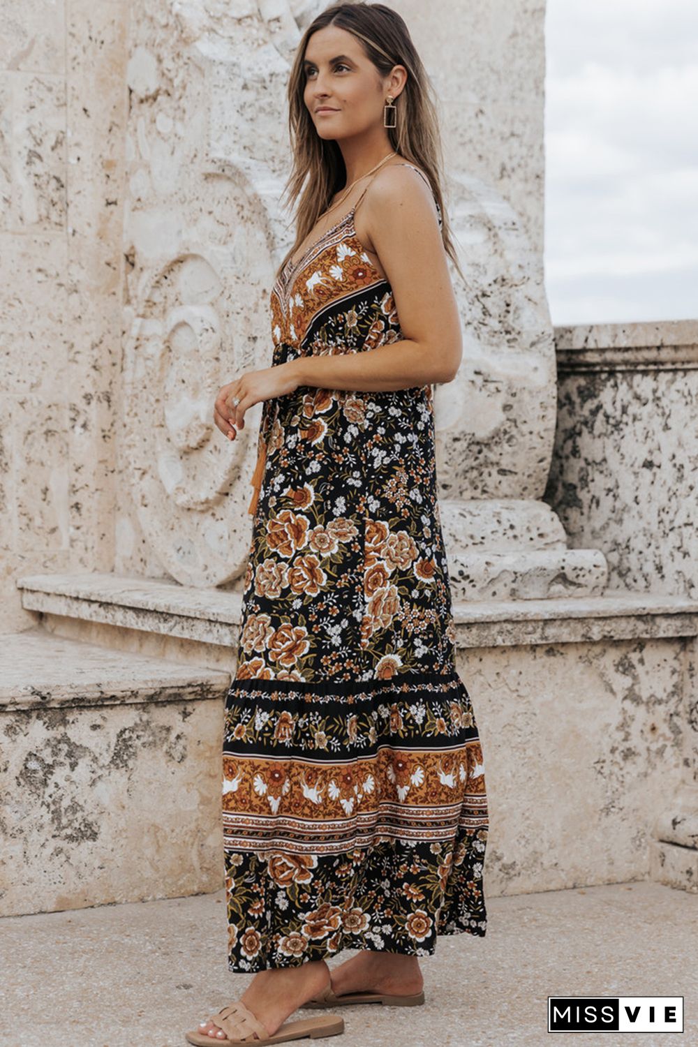 Black Retro Boho Floral Tassel Tie Maxi Dress