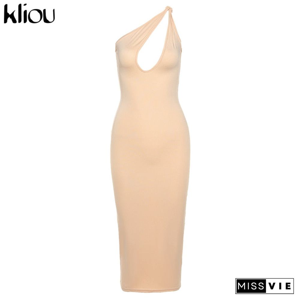 Kliou Cut Out Sexy Midnight Clubwear Maxi Dresses Solid One Shoulder Birthday Outfit For Women Slim Bodycon Party Dress