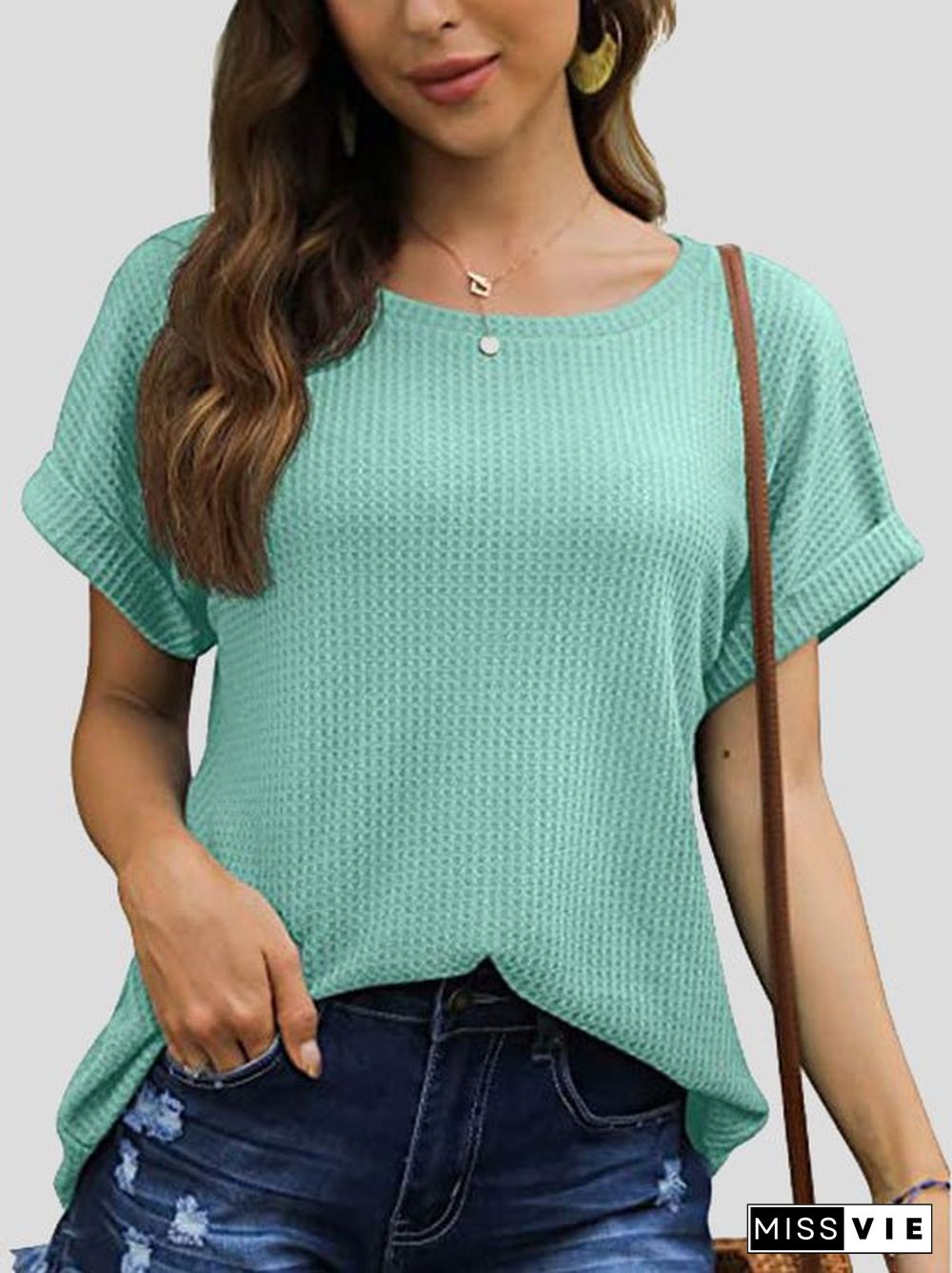 Women'S T-Shirts Waffle Crew Neck Short Sleeve Rolled T-Shirt